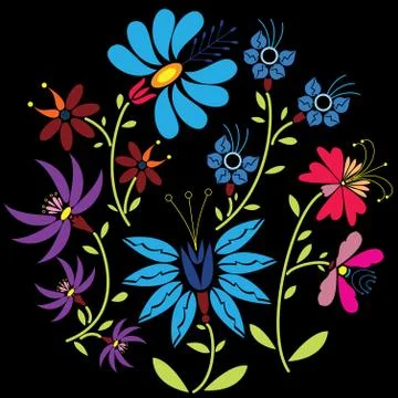 Colour Folk Floral pattern in circle on black  background Stock Illustration