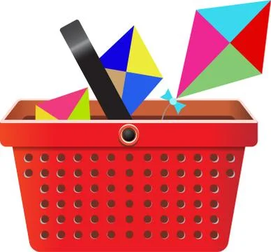 Colour kites fly from open red shop basket Illustrazione stock