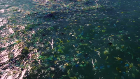 Colour plastic disposable bags float on ocean surface, marine pollution Video stock 204894232