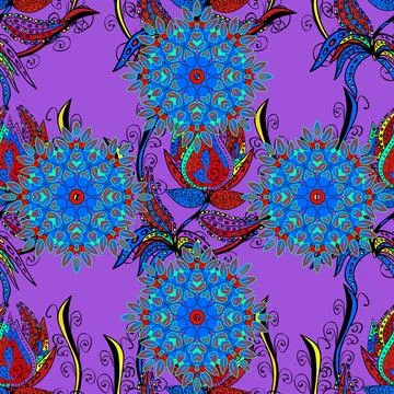 Colour Spring Theme seamless pattern Background. Flowers on violet, black and bl Stock Illustration