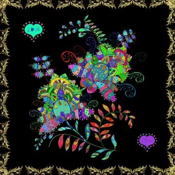 Colour Spring Theme seamless pattern Background. Flowers on blue, green and blac Stock Illustration