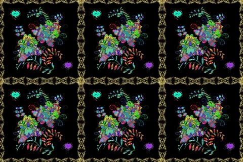 Colour Spring Theme seamless pattern Background. Flowers on blue, green and blac Illustrazione stock