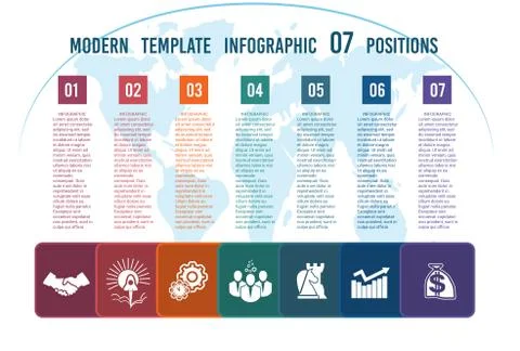 Colour squares with columns for the text on a world map 07 positions Stock Illustration