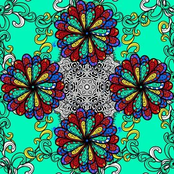 Colour Summer Theme seamless pattern Background. Flowers on black, red and green Stock Illustration