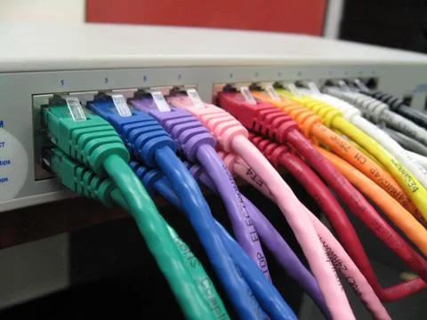 Coloured CAT5e CAT6 Patch Leads in Switch Foto stock