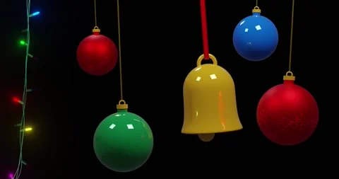 Coloured christmas string lights flashing and colourful baubles swinging on Stock Footage 253158744