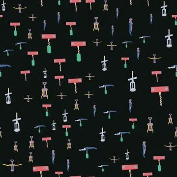 Coloured corkscrews on black background seamless pattern Stock Illustration