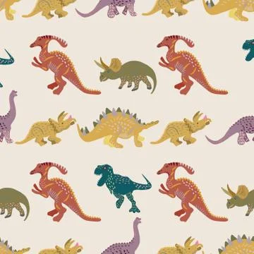 Coloured dinosaurs seamless pattern on beige background Stock Illustration