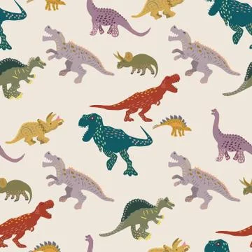 Coloured dinosaurs seamless pattern on light pink background Stock Illustration