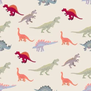 Coloured dinosaurs seamless pattern on light beige background Stock Illustration