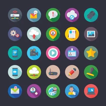 Coloured Flat Vector Icons Of Network And Communications Illustrazione stock