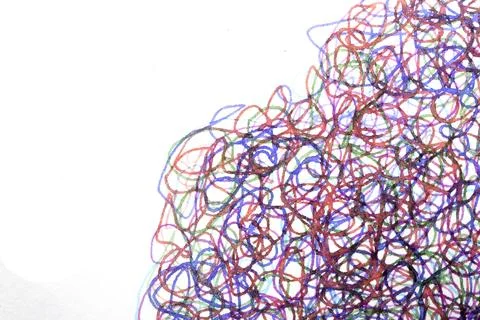 Coloured ink pen scribbled wavy messy tengled lines on white background Stock Photos