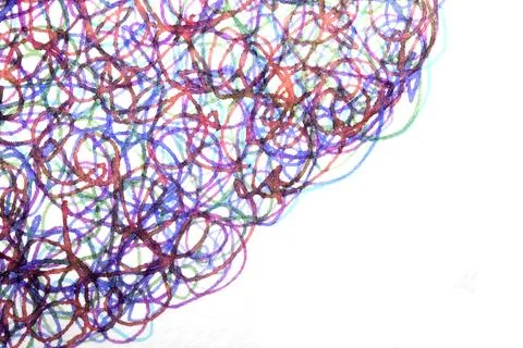 Coloured ink pen scribbled wavy messy tengled lines on white background Stock Photos