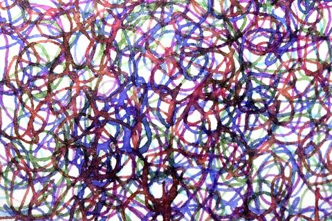 Coloured ink pen scribbled wavy messy tengled lines on white background Stock Photos