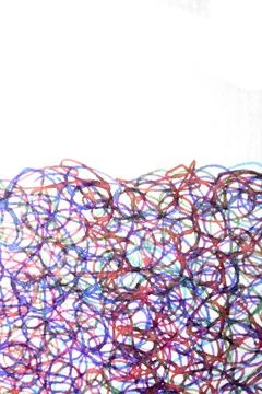 Coloured ink pen scribbled wavy messy tengled lines on white background Stock Photos