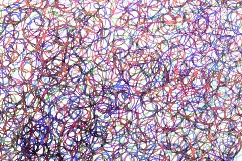 Coloured ink pen scribbled wavy messy tengled lines on white background Stock Photos