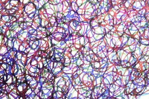 Coloured ink pen scribbled wavy messy tengled lines on white background Stock Photos