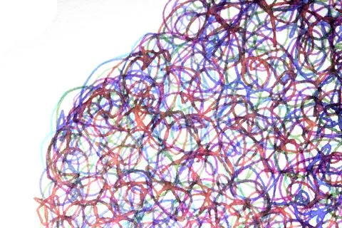 Coloured ink pen scribbled wavy messy tengled lines on white background Stock Photos