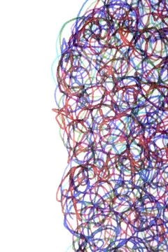 Coloured ink pen scribbled wavy messy tengled lines on white background Stock Photos