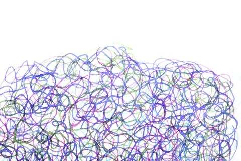Coloured ink pen scribbled wavy messy tengled lines on white background Stock Photos