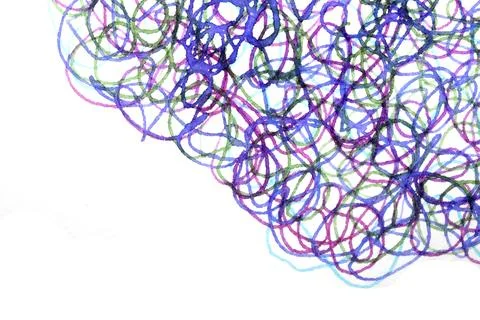 Coloured ink pen scribbled wavy messy tengled lines on white background Stock Photos