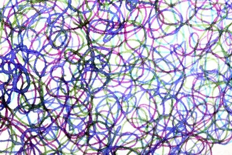 Coloured ink pen scribbled wavy messy tengled lines on white background Stock Photos