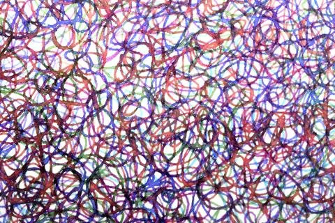 Coloured ink pen scribbled wavy messy tengled lines on white background Stock Photos