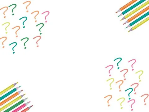 Coloured pencils and question marks on white background Stock Illustration