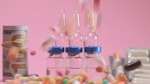 Coloured tablets and pills falling down on pink background Video stock 168172895