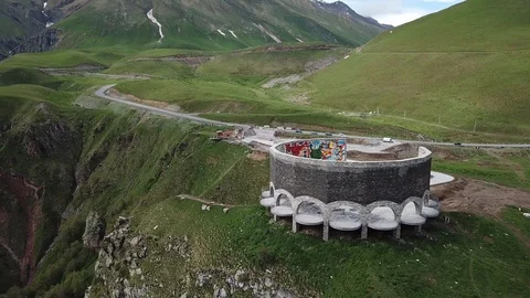 Coloured viewing platform on green and gray cliff edge Video stock 106656408