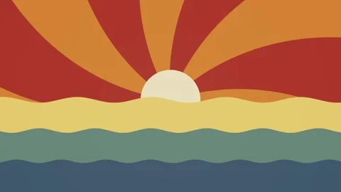 Colourful 70s sun. Retro 70s sunburst sunset over wavy ocean background Stock Footage 338041925