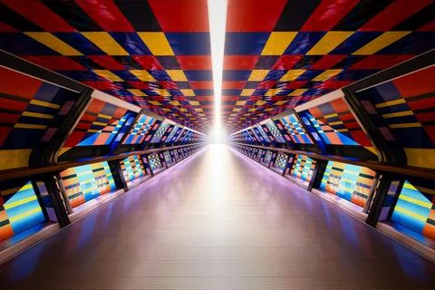 Colourful abstract corridor with geometric patterns in London pedestrian walkway Foto stock