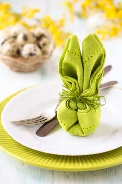Colourful and bright festive Easter table setting with vintage silveware Stock Photos