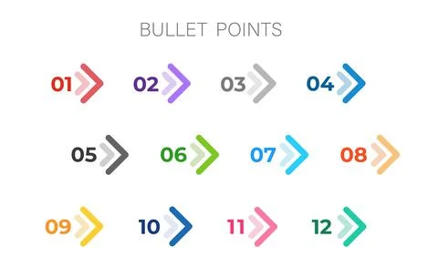 Colourful arrows set isolated. Direction number bullet points from one to twelve Stock Illustration