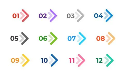 Colourful arrows set isolated on white. Direction number bullet points from one Stock Illustration