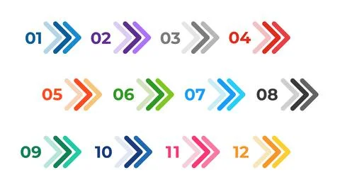 Colourful arrows set on white. Direction number bullet points from one to twelve Stock Illustration