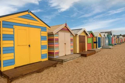 Colourful bathing boxes at Brighton beach in Melbourne, Australia Stock Photos