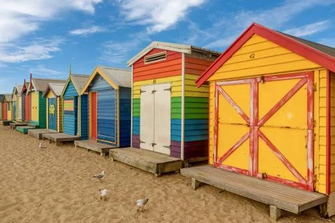 Colourful bathing boxes at Brighton beach in Melbourne, Australia Stock Photos