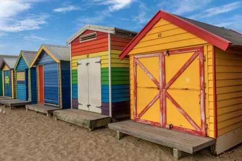 Colourful bathing boxes at Brighton beach in Melbourne, Australia Stock Photos