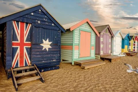 Colourful bathing boxes at Brighton beach in Melbourne, Australia Stock Photos