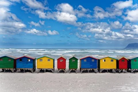 Colourful beach houses (Muizenberg, Cape Town) Stock Photos
