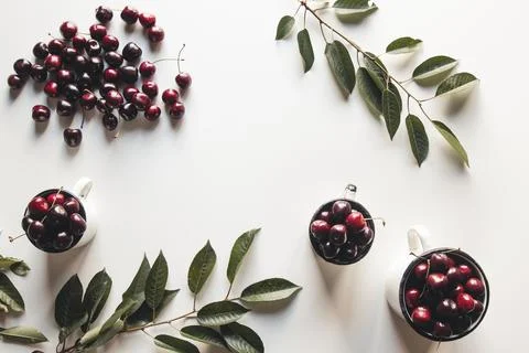Colourful bright pattern with ripe cherry and leaf. Top view. Stock Photos