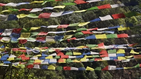 Colourful Buddhist prayer flags strung above the forested hillside on the Poon Stock Footage 344530498