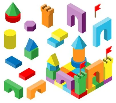 Colourful building blocks for development children. Isometric vector set Stock Illustration