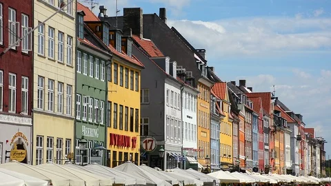 Colourful building facades at Nyhavn canal, Copenhagen, Denmark Stock Footage 99467553