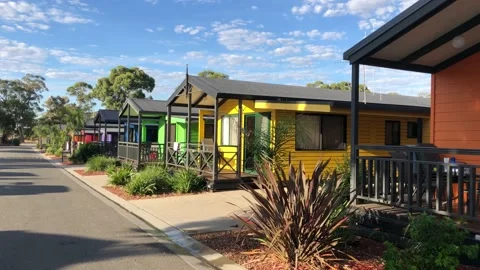 Colourful cabins in caravan park. Summer. Stock Footage