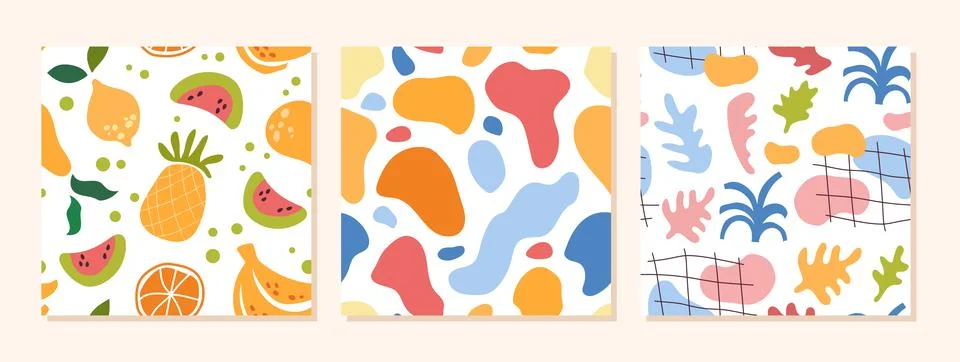 Colourful cartoon textures, shape patterns. Kids circles and grid, abstract Stock Illustration