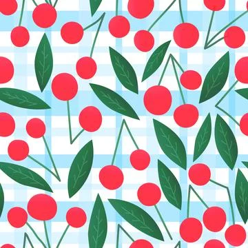 Colourful cherry seamless pattern on cherked blue background for kitchen fabric Illustrazione stock