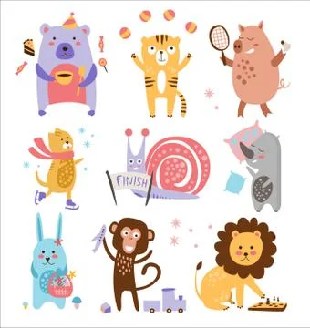 Colourful Childish Animals Vector Set Stock Illustration