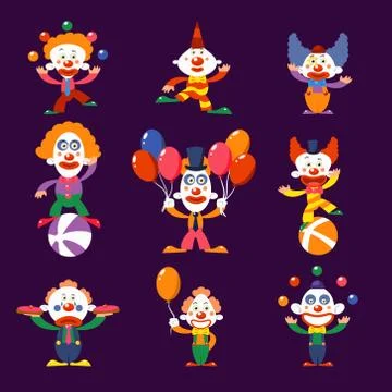 Colourful Clowns Vector Illustration Set Stock Illustration